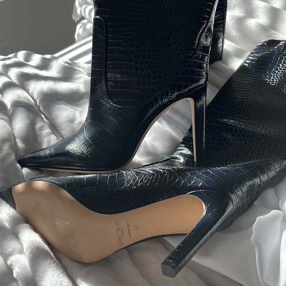 New Jimmy Choo Blue Mavis 100 Navy Croc Embossed Leather Knee High Boots - Picture 2 of 8